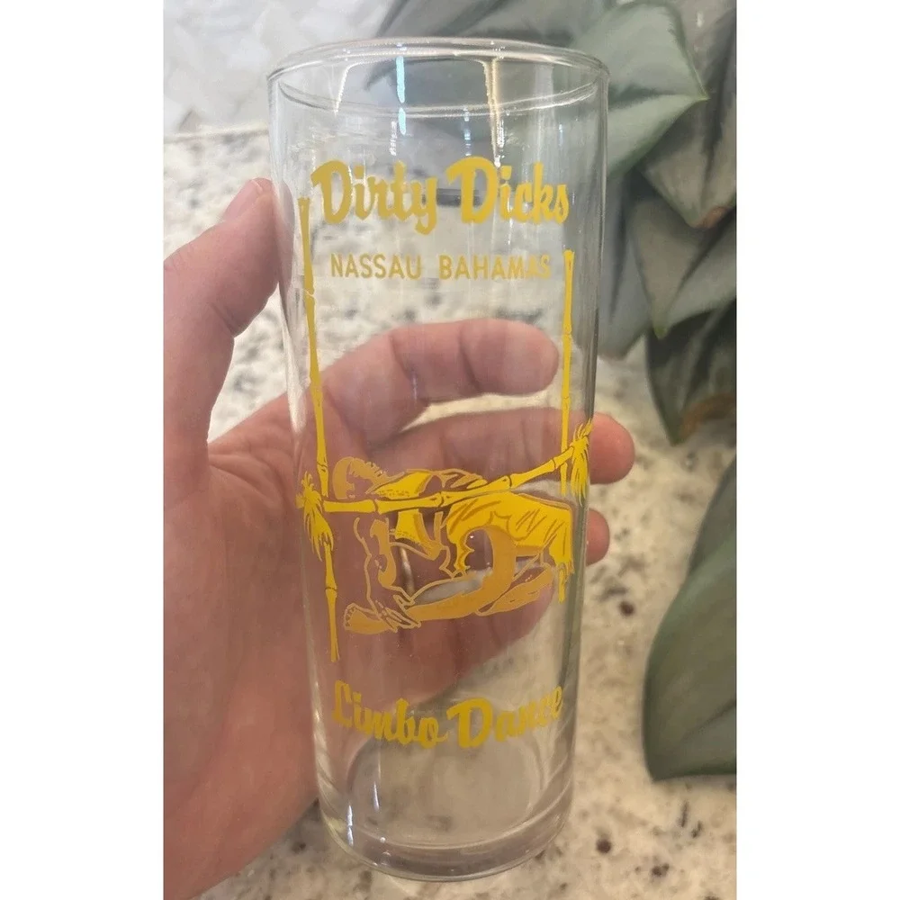 Dirty Dicks DRINK GLASS NASSAU BAHAMAS Vintage Bachelor bachelorette Caribbean